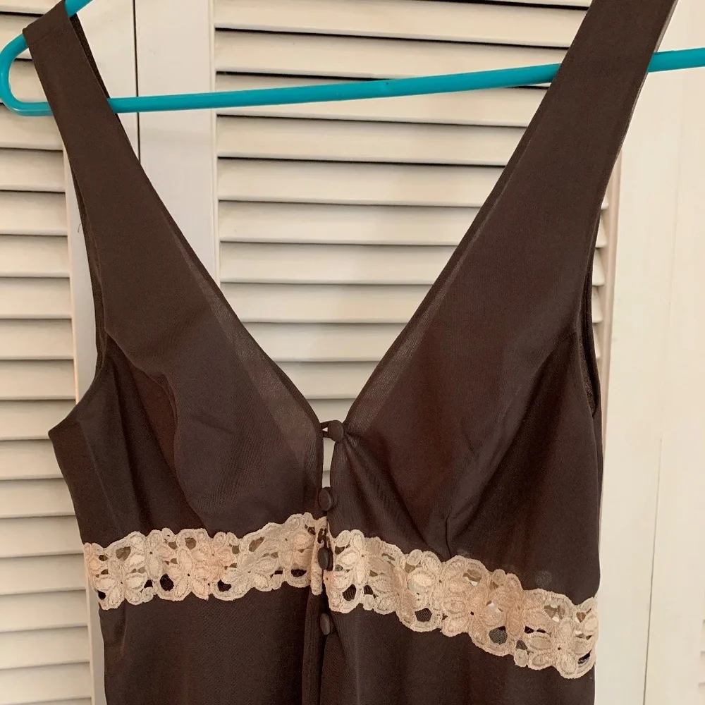 Vintage 1960s Lingerie Slip Nightgown Brown Nylon & Beige Lace Formfit Rogers - Picture 2 of 10